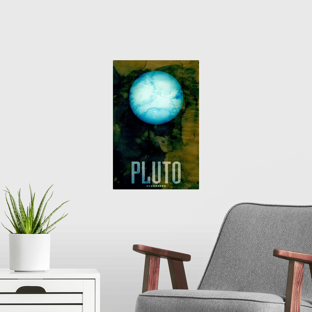A modern room featuring The Planet Pluto, number 9 in a set of 9 prints featuring the planets of our Solar System. Origin...
