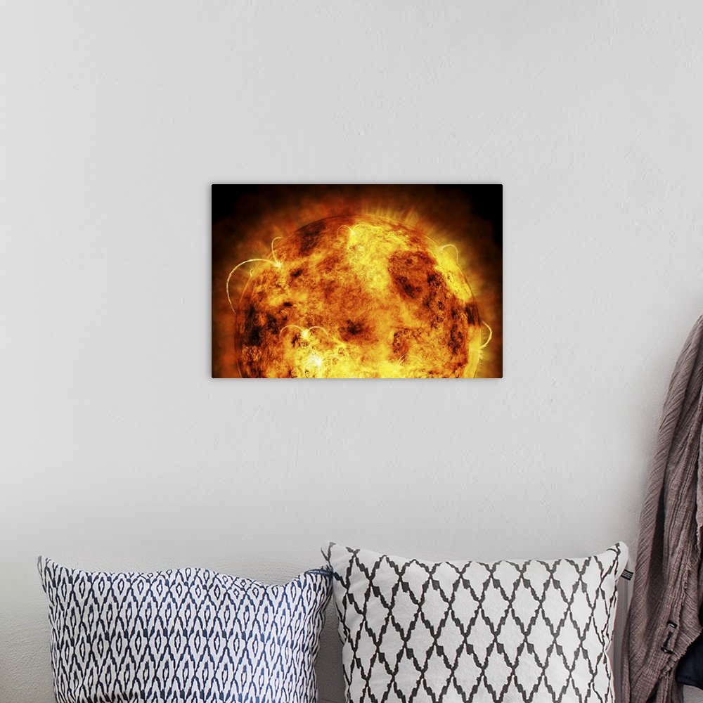 A bohemian room featuring Digital painting of the magnificently violent yet beautiful surface of the sun on canvas.