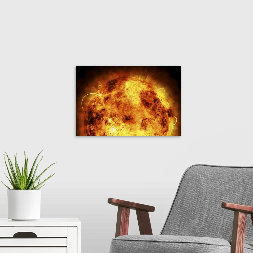 A modern room featuring Digital painting of the magnificently violent yet beautiful surface of the sun on canvas.