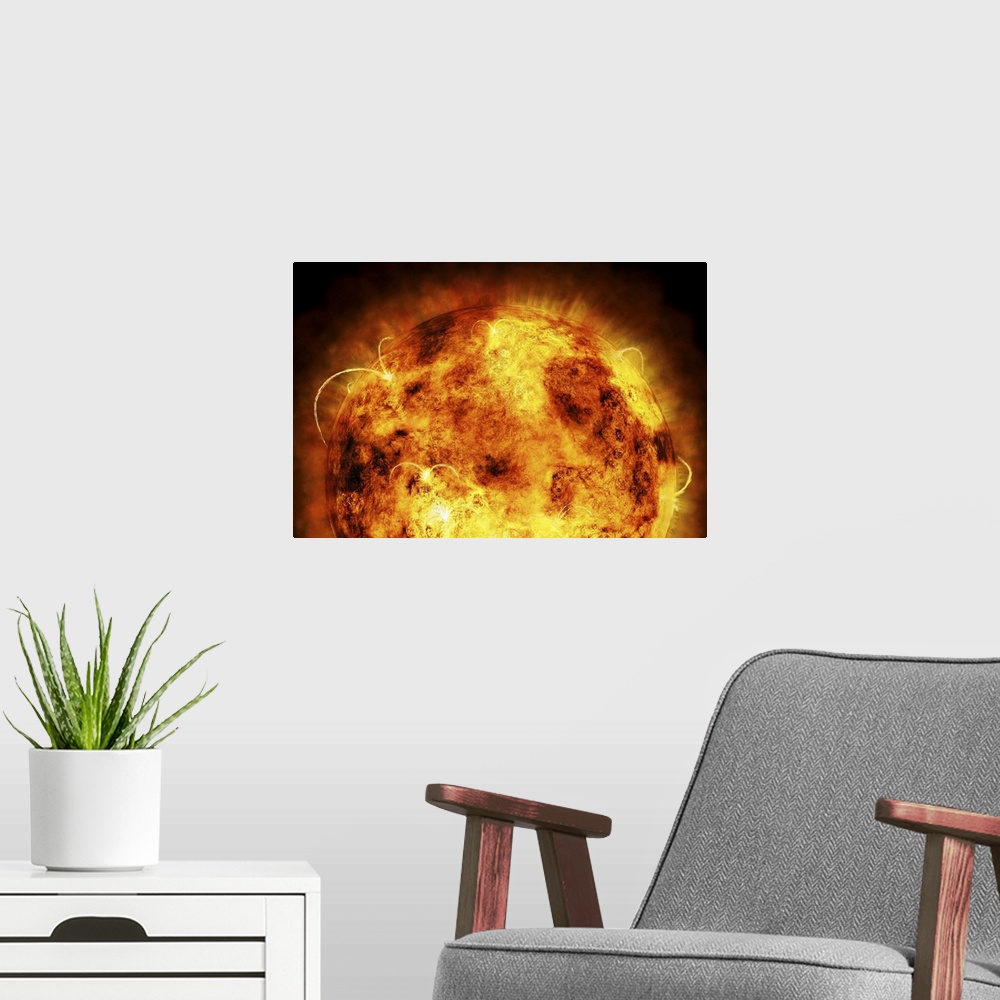 A modern room featuring Digital painting of the magnificently violent yet beautiful surface of the sun on canvas.