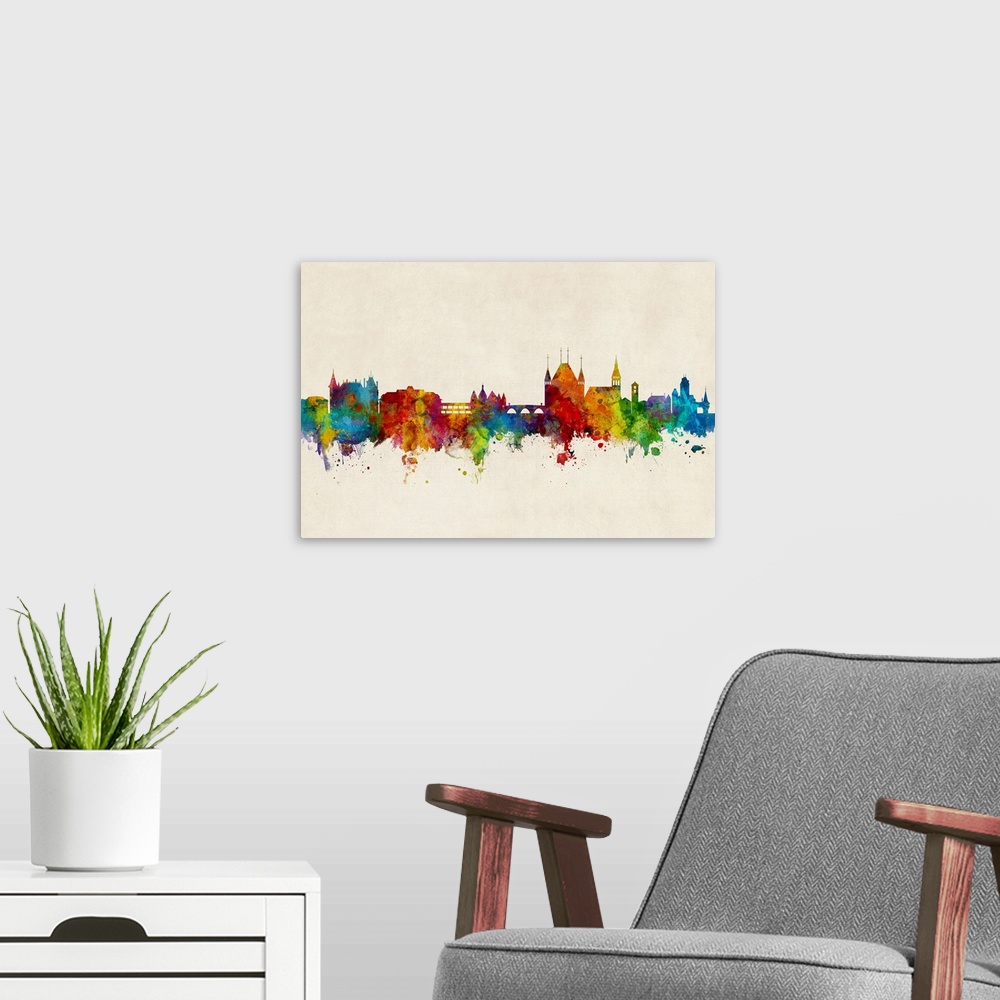 A modern room featuring Watercolor art print of the skyline of Thun, Switzerland