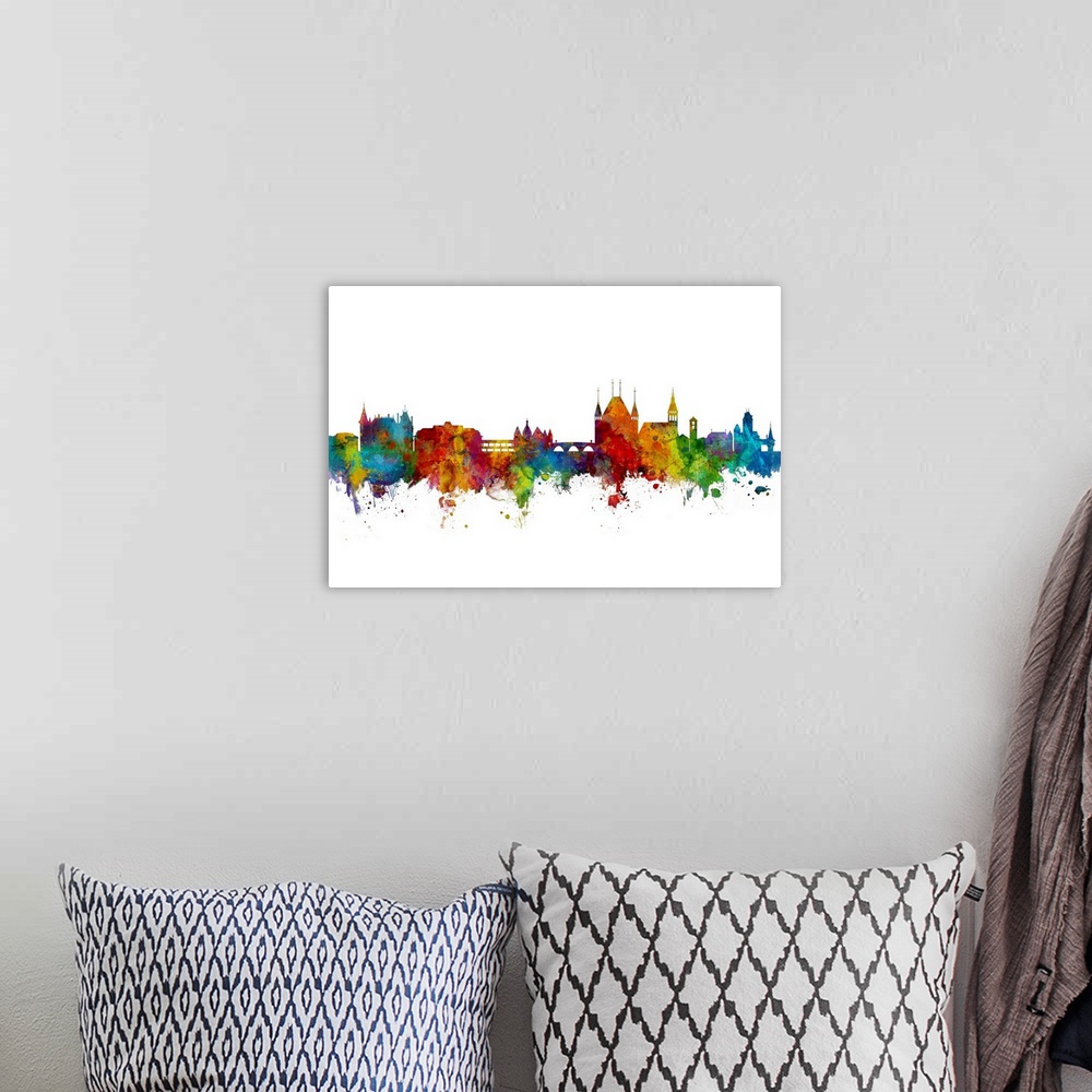 A bohemian room featuring Watercolor art print of the skyline of Thun, Switzerland