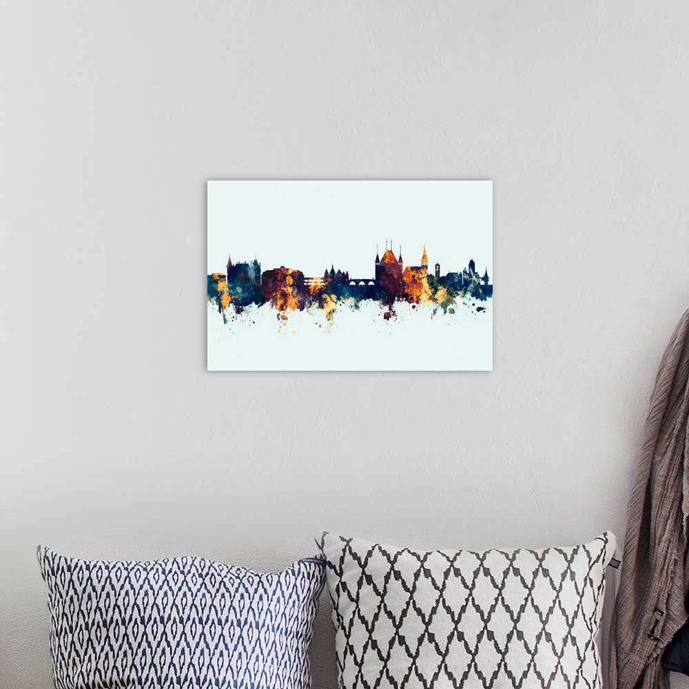 A bohemian room featuring Watercolor art print of the skyline of Thun, Switzerland