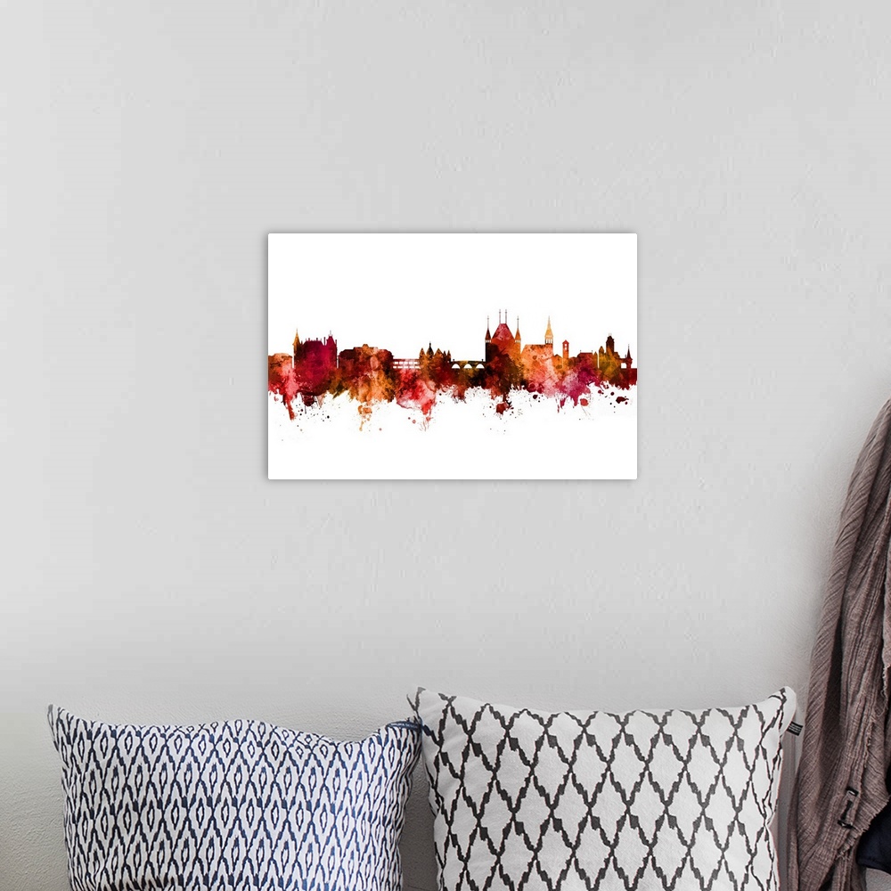 A bohemian room featuring Watercolor art print of the skyline of Thun, Switzerland.