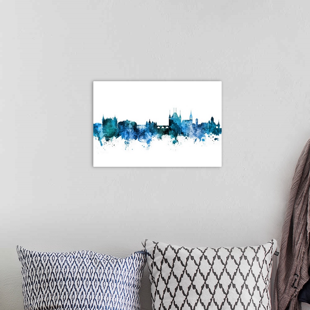 A bohemian room featuring Watercolor art print of the skyline of Thun, Switzerland.