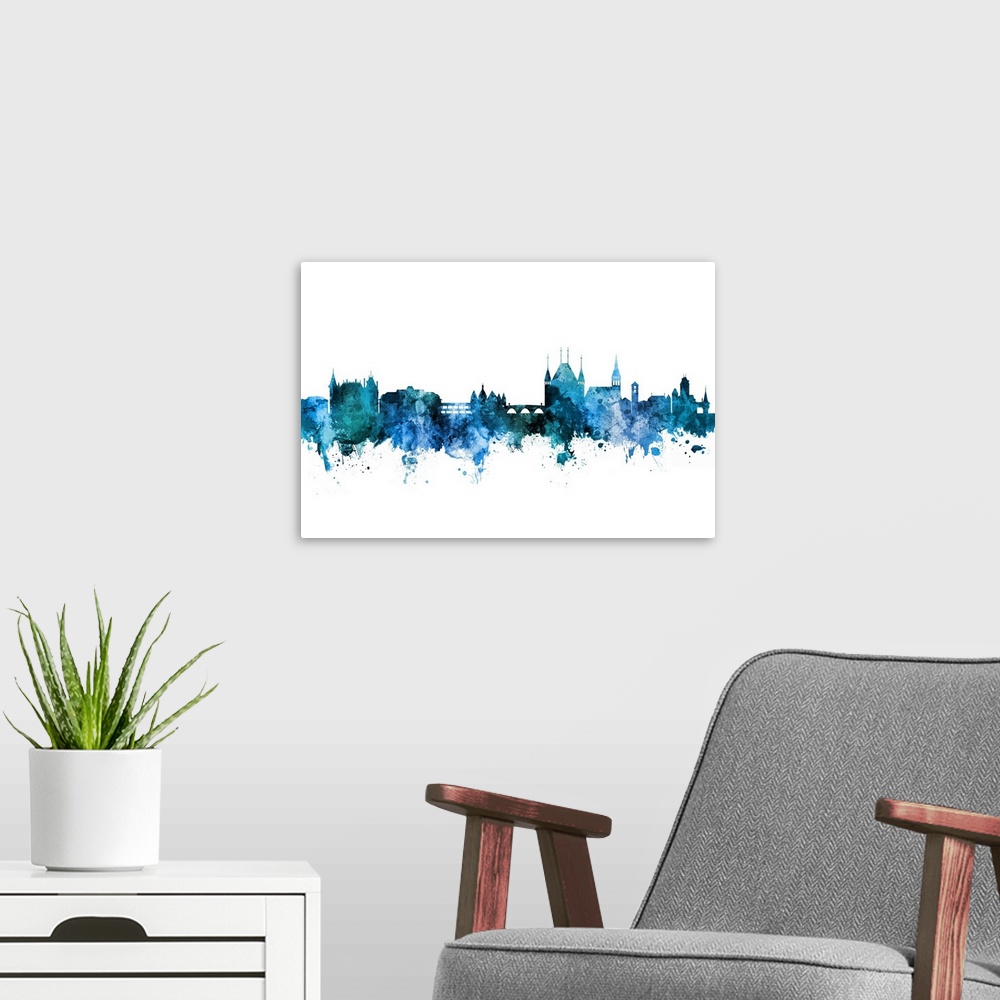 A modern room featuring Watercolor art print of the skyline of Thun, Switzerland.