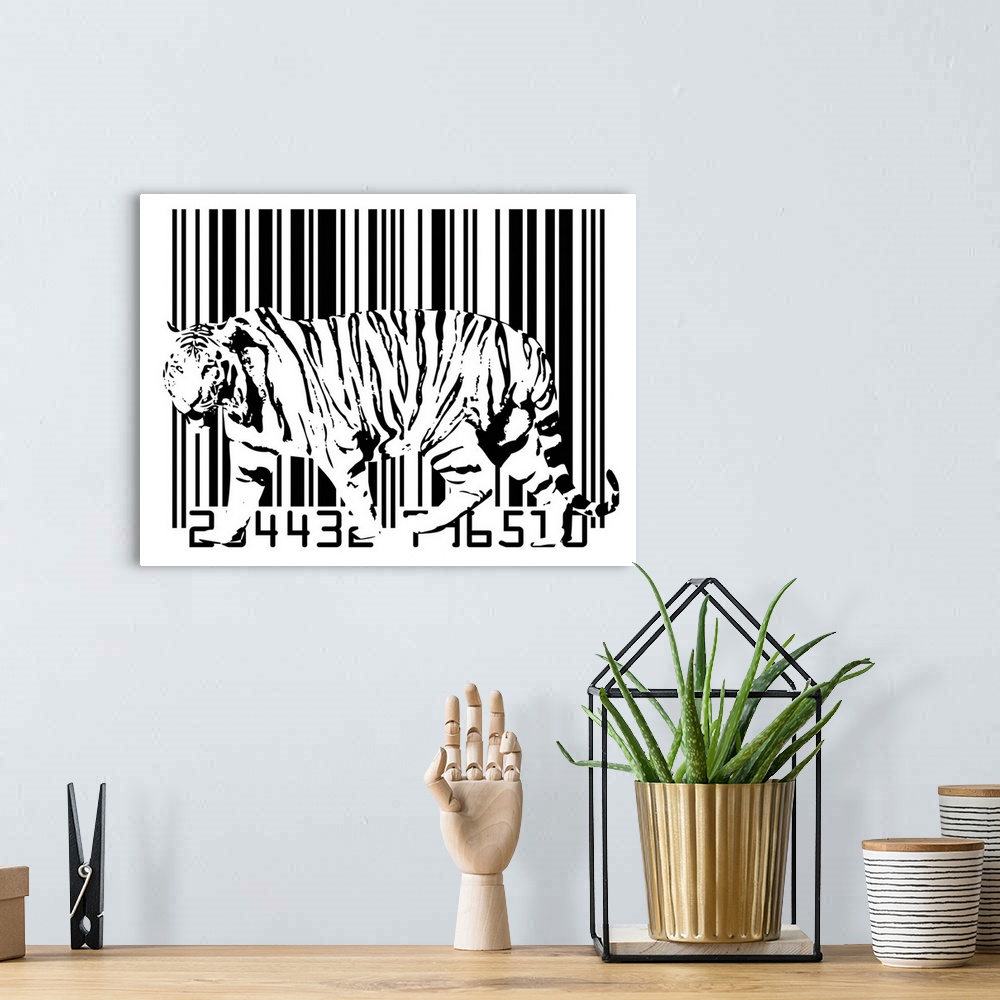 A bohemian room featuring This abstract artwork is of a white tiger that blends in with a barcode just behind him.