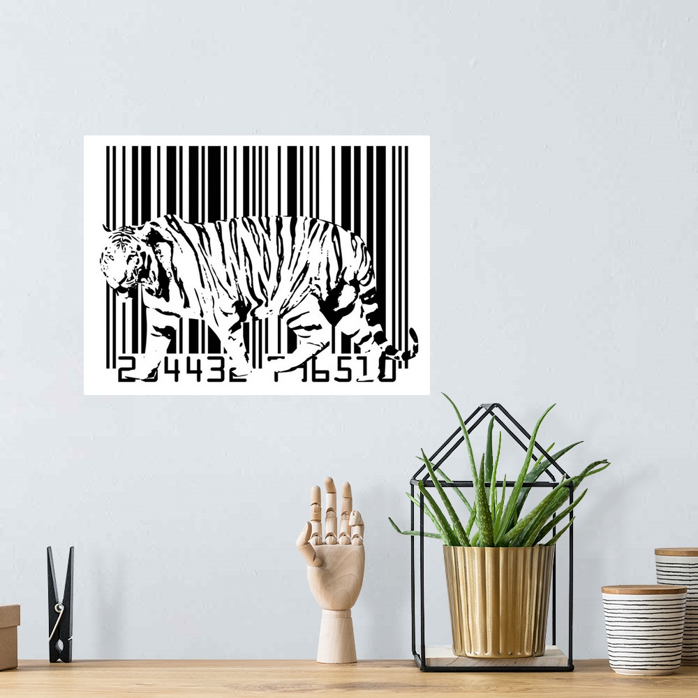 A bohemian room featuring This abstract artwork is of a white tiger that blends in with a barcode just behind him.