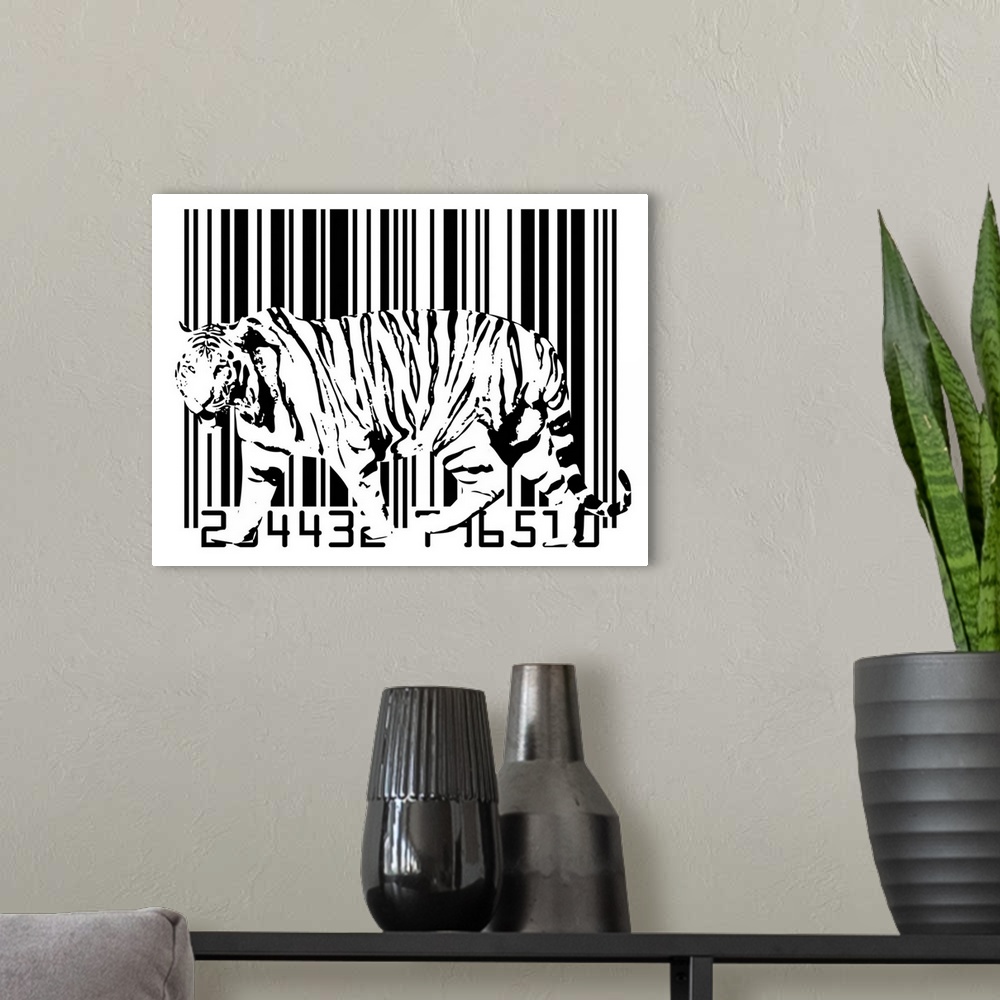 A modern room featuring This abstract artwork is of a white tiger that blends in with a barcode just behind him.
