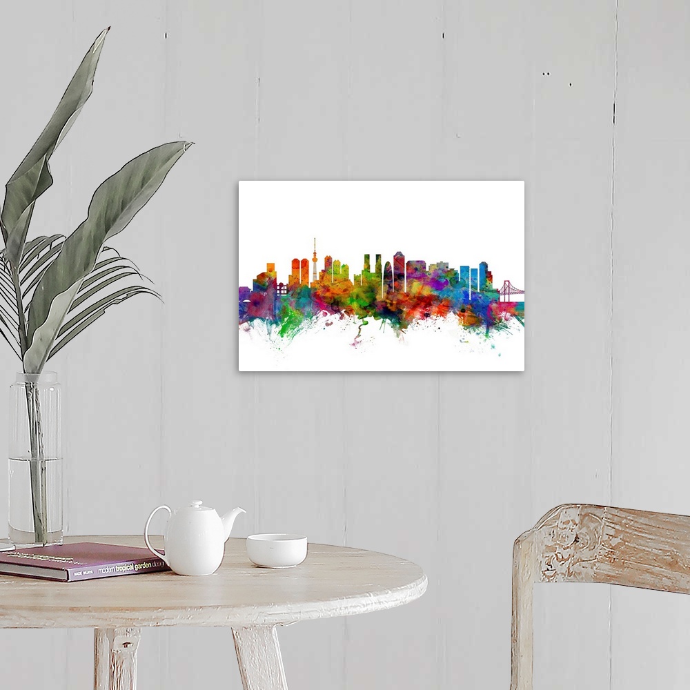 A farmhouse room featuring Watercolor artwork of the Tokyo skyline against a white background.