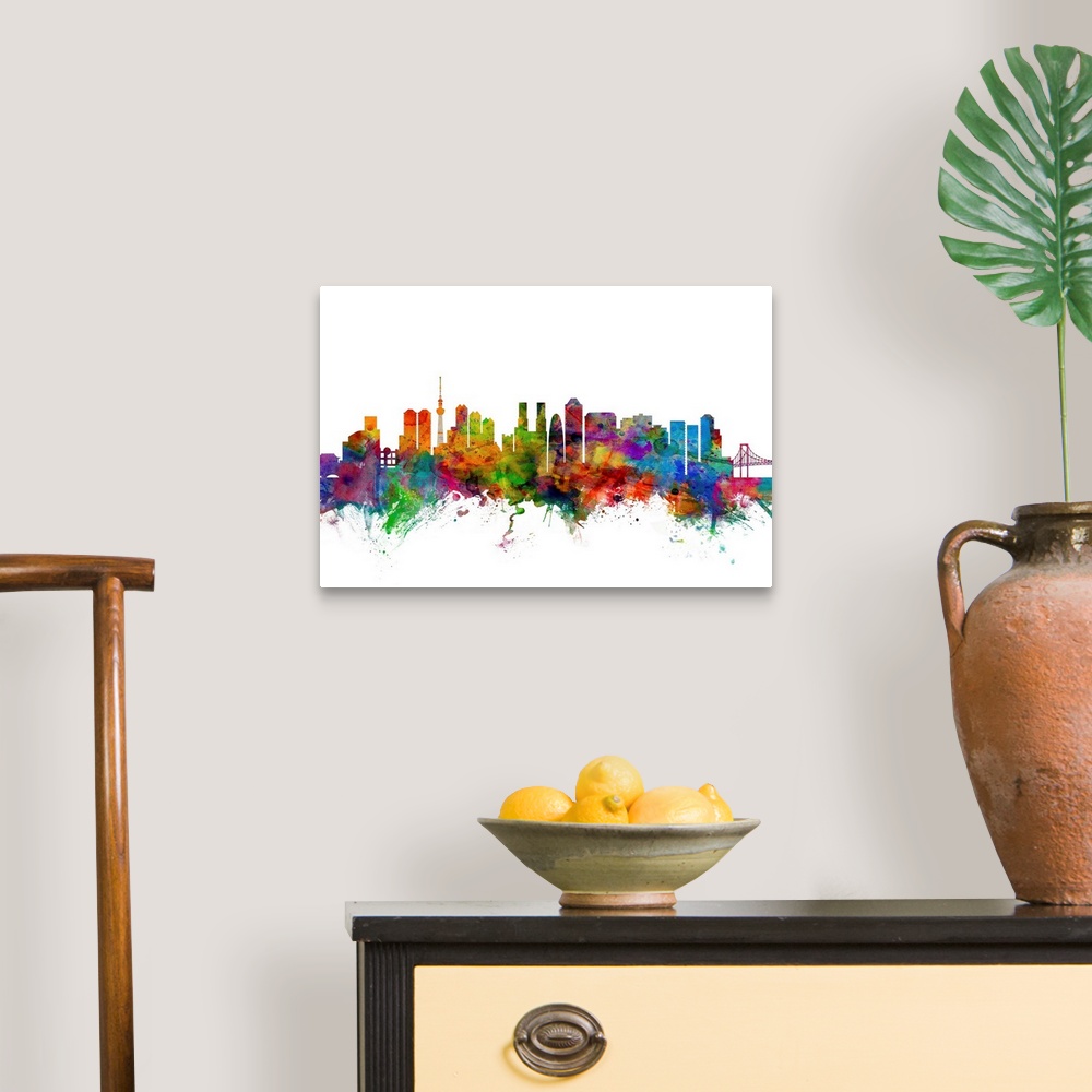 A traditional room featuring Watercolor artwork of the Tokyo skyline against a white background.