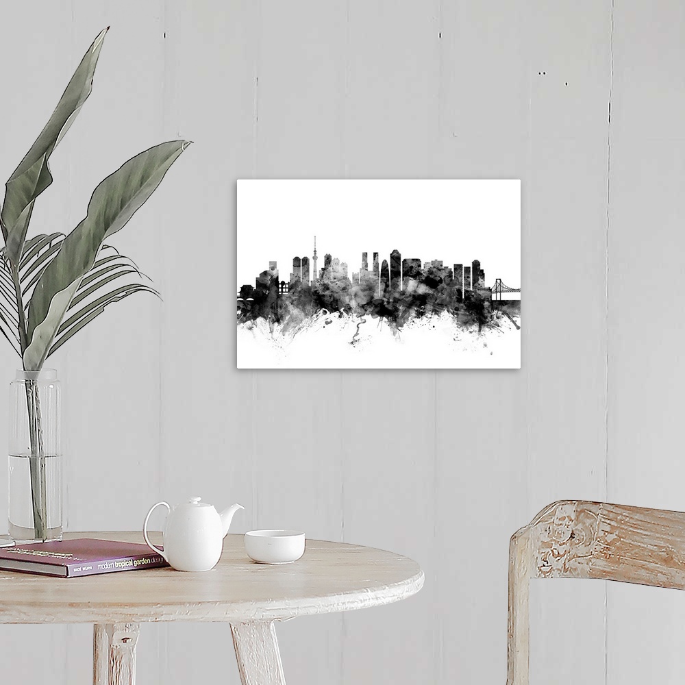 A farmhouse room featuring Contemporary artwork of the Tokyo city skyline in black watercolor paint splashes.