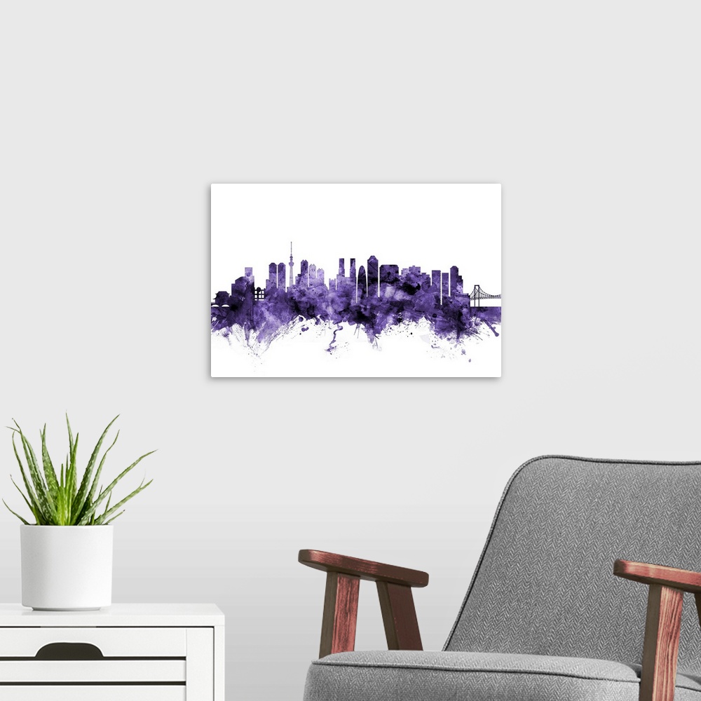 A modern room featuring Watercolor art print of the skyline of Tokyo, Japan