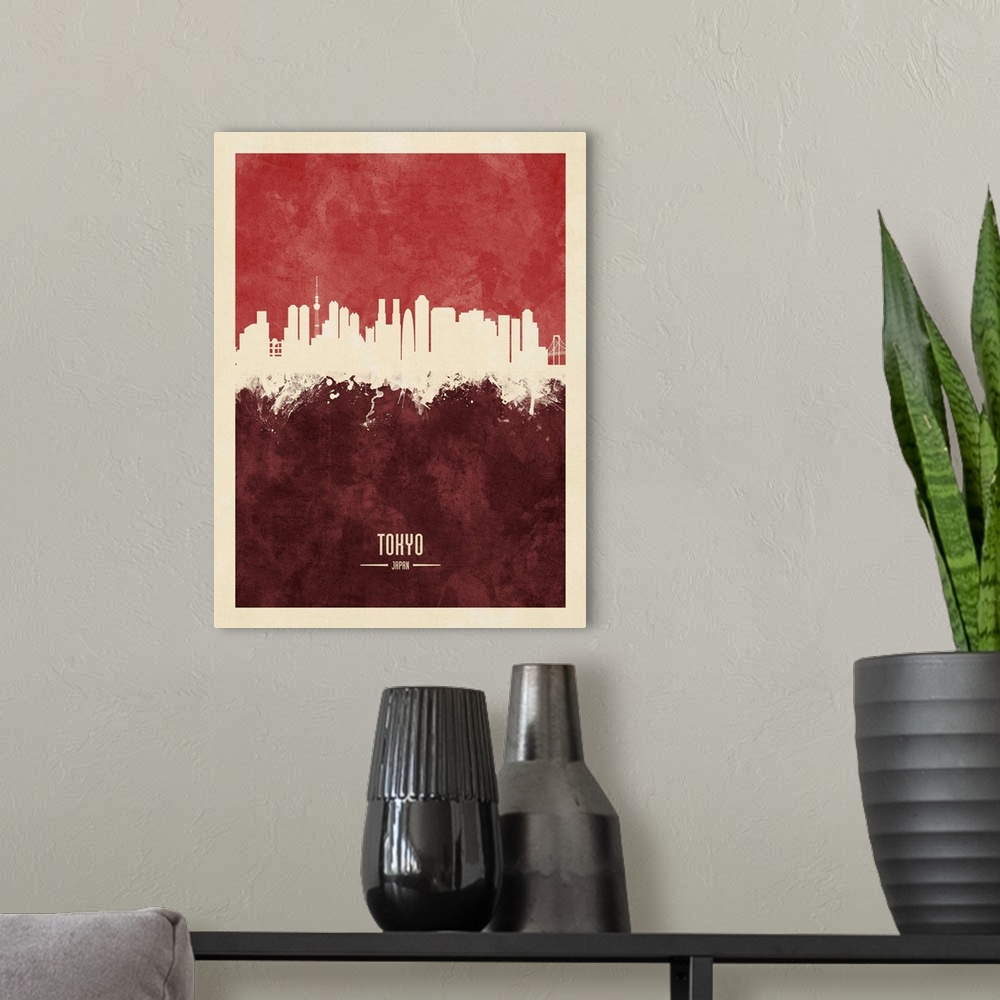 A modern room featuring Watercolor art print of the skyline of Tokyo, Japan