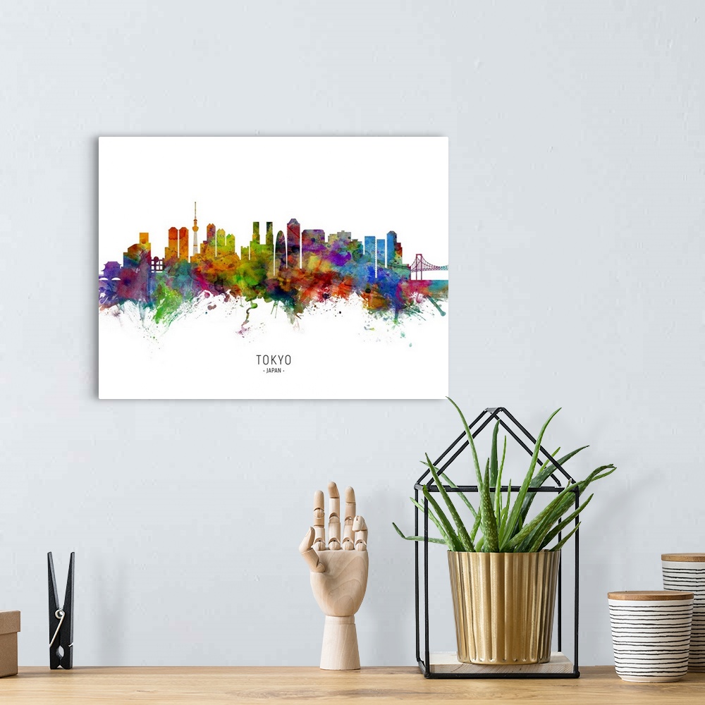 A bohemian room featuring Watercolor art print of the skyline of Tokyo, Japan.