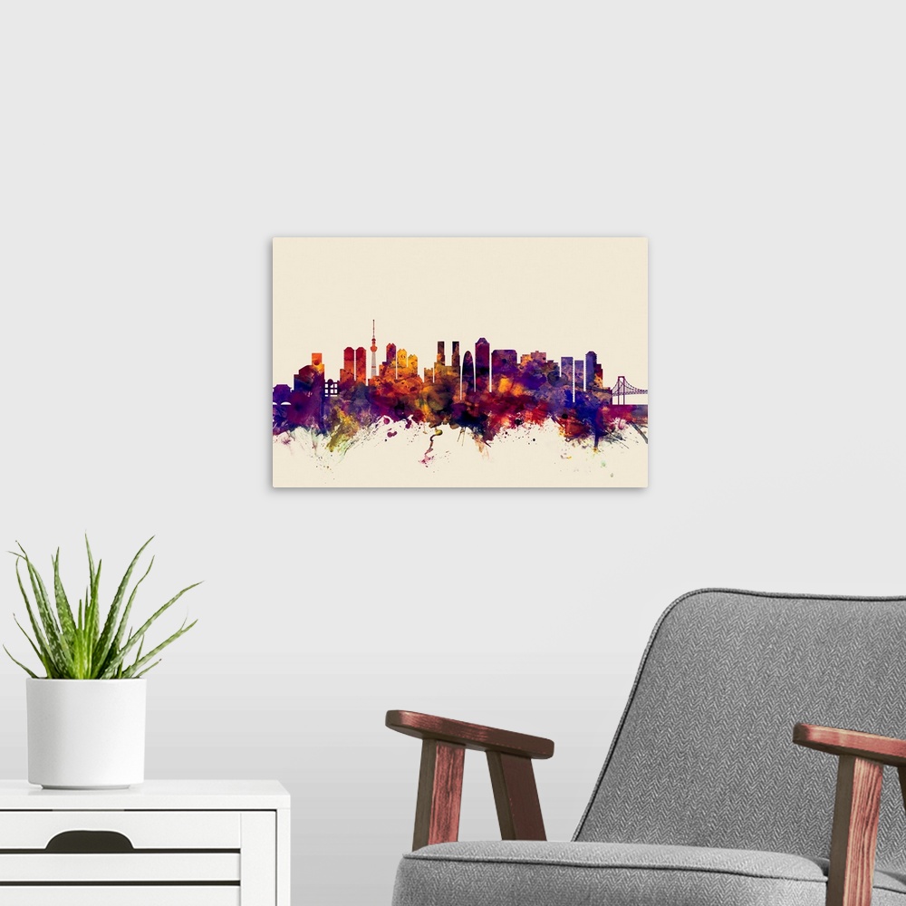 A modern room featuring Watercolor art print of the skyline of Tokyo, Japan.
