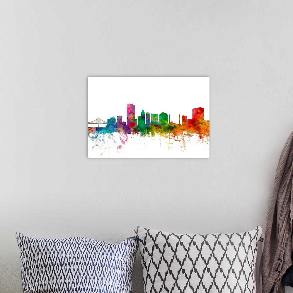 A bohemian room featuring Watercolor artwork of the Toledo skyline against a white background.