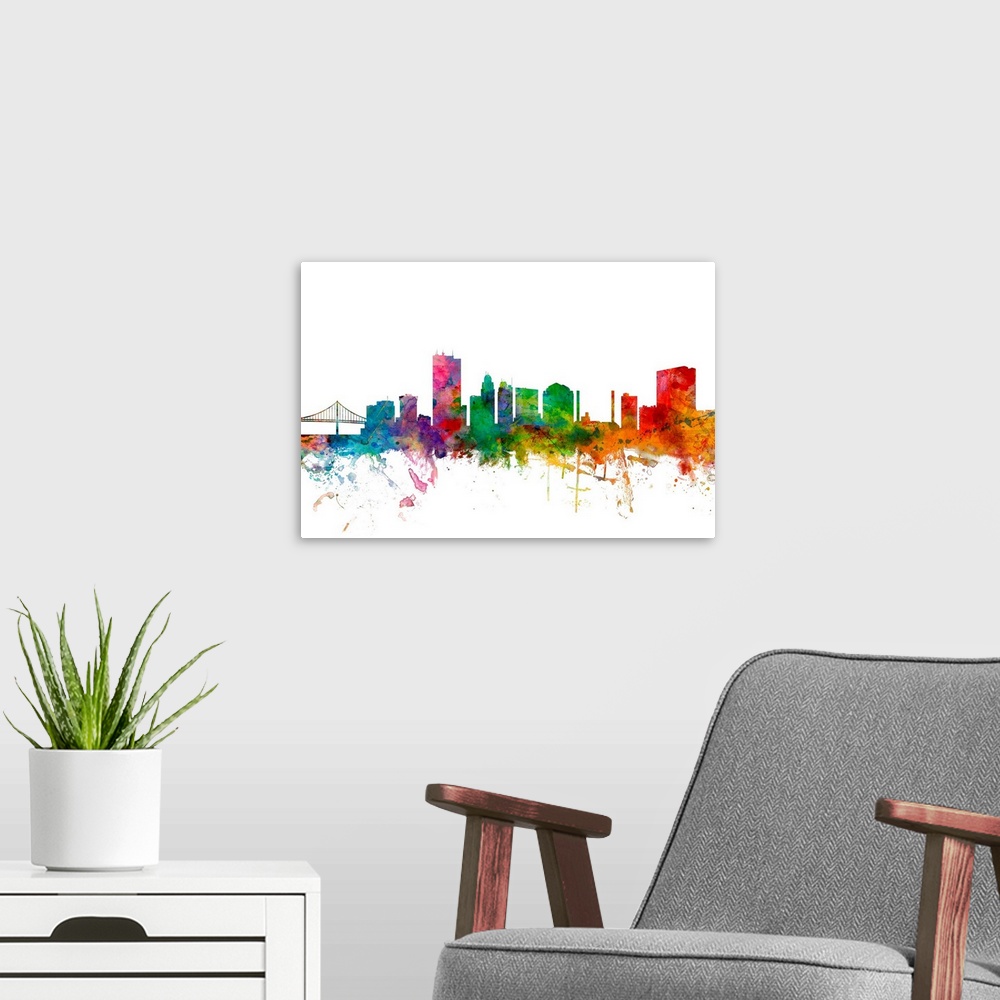 A modern room featuring Watercolor artwork of the Toledo skyline against a white background.