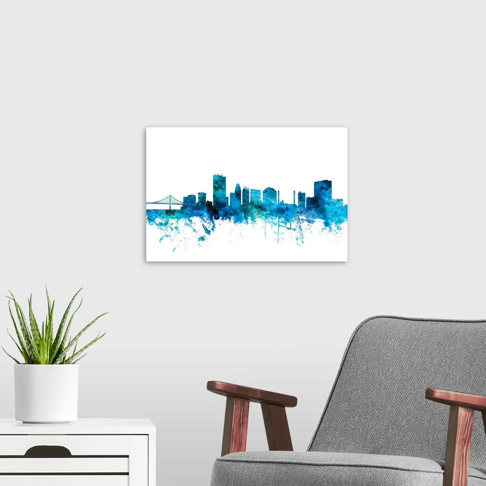A modern room featuring Watercolor art print of the skyline of Toledo, Ohio, United States.