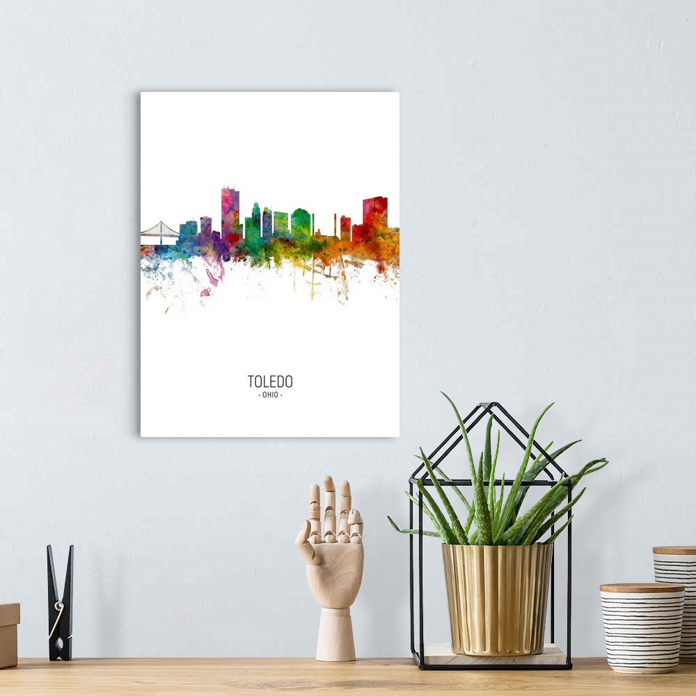 A bohemian room featuring Watercolor art print of the skyline of Toledo, Ohio, United States