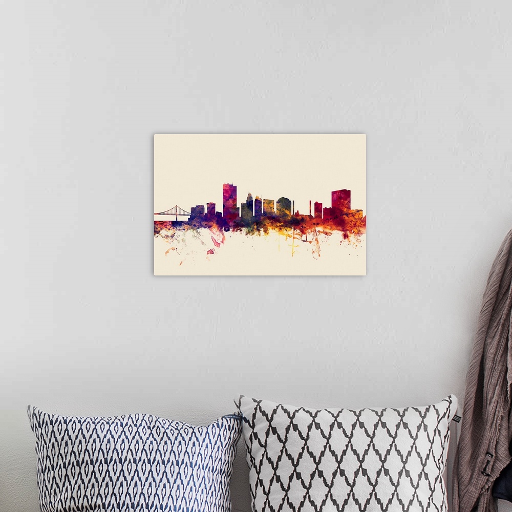 A bohemian room featuring Watercolor art print of the skyline of Toledo, Ohio, United States.