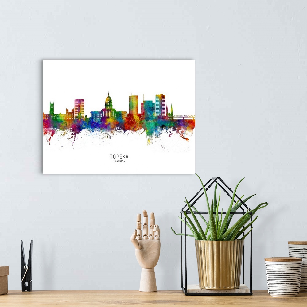 A bohemian room featuring Watercolor art print of the skyline of Topeka, Kansas, United States