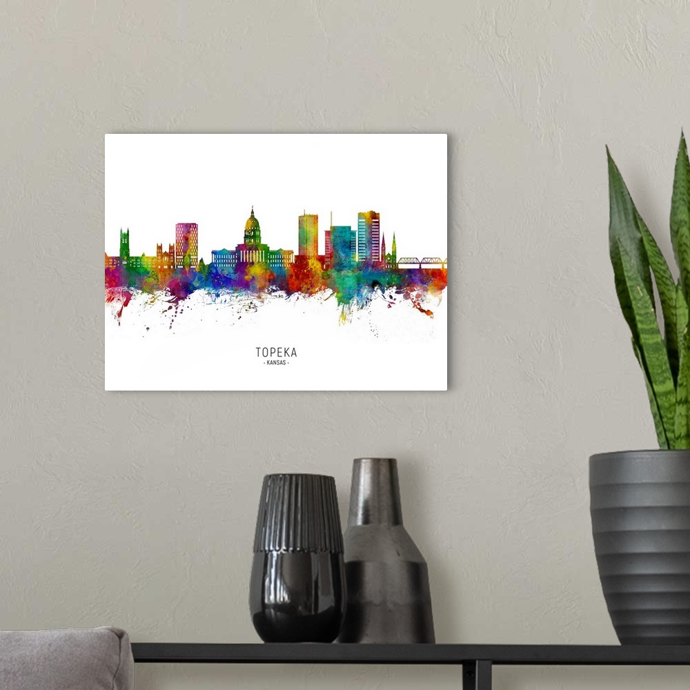 A modern room featuring Watercolor art print of the skyline of Topeka, Kansas, United States