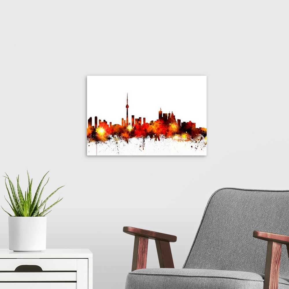 A modern room featuring Contemporary piece of artwork of the Toronto skyline made of colorful paint splashes.