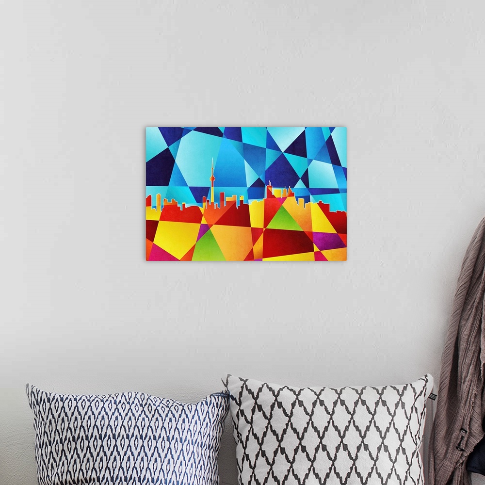 A bohemian room featuring Contemporary artwork of a geometric and prismatic skyline of Toronto.