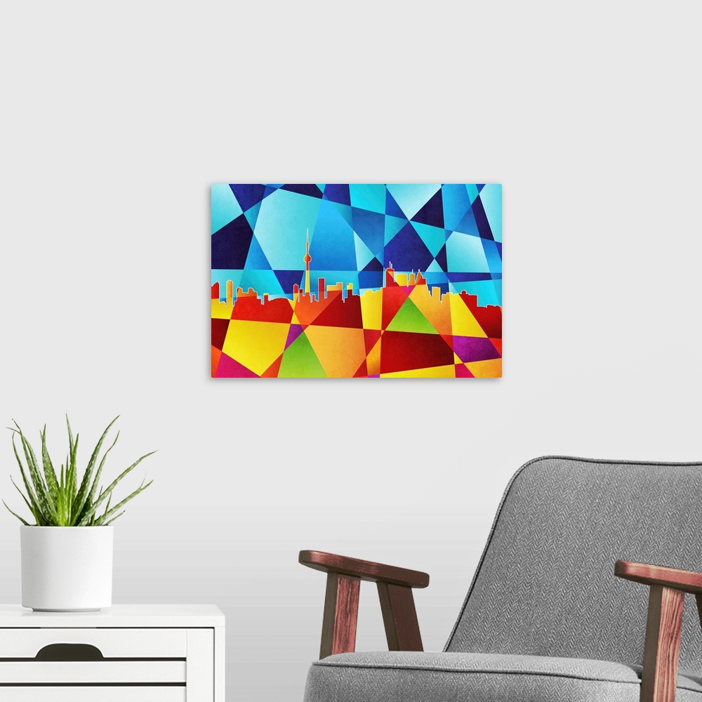 A modern room featuring Contemporary artwork of a geometric and prismatic skyline of Toronto.