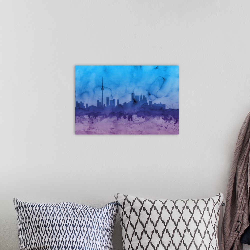 A bohemian room featuring Contemporary artwork of the Toronto skyline silhouetted in dark blue and purple watercolors.