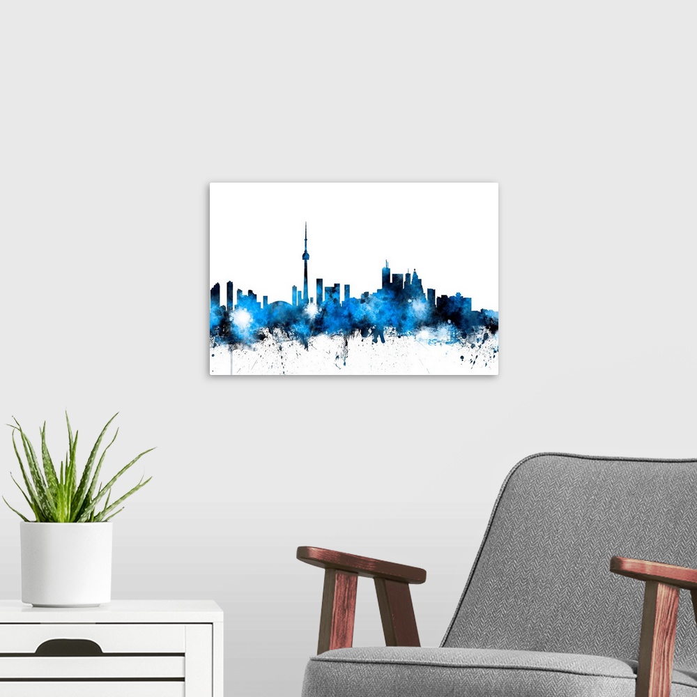A modern room featuring Watercolor artwork of the Toronto skyline against a white background.