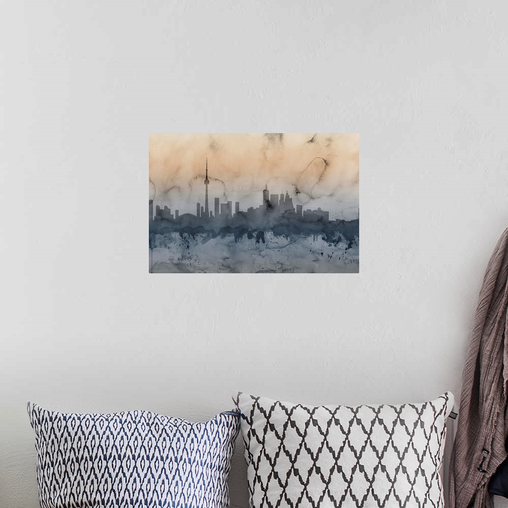 A bohemian room featuring Watercolor artwork of the Toronto skyline.