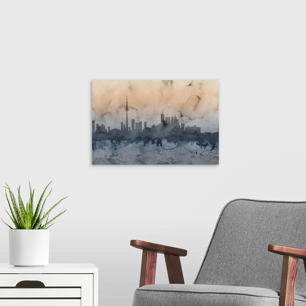 A modern room featuring Watercolor artwork of the Toronto skyline.