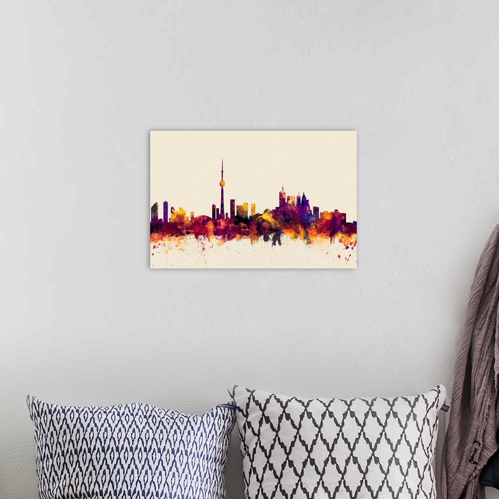 A bohemian room featuring Watercolor artwork of the Toronto skyline against a beige background.