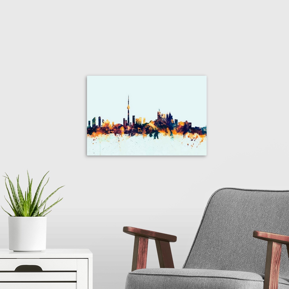 A modern room featuring Dark watercolor silhouette of the Toronto city skyline against a light blue background.
