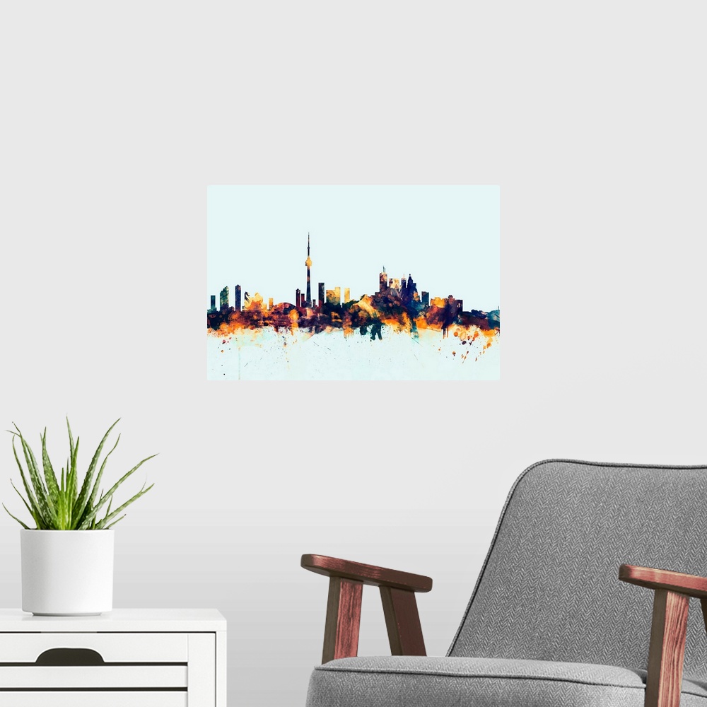 A modern room featuring Dark watercolor silhouette of the Toronto city skyline against a light blue background.
