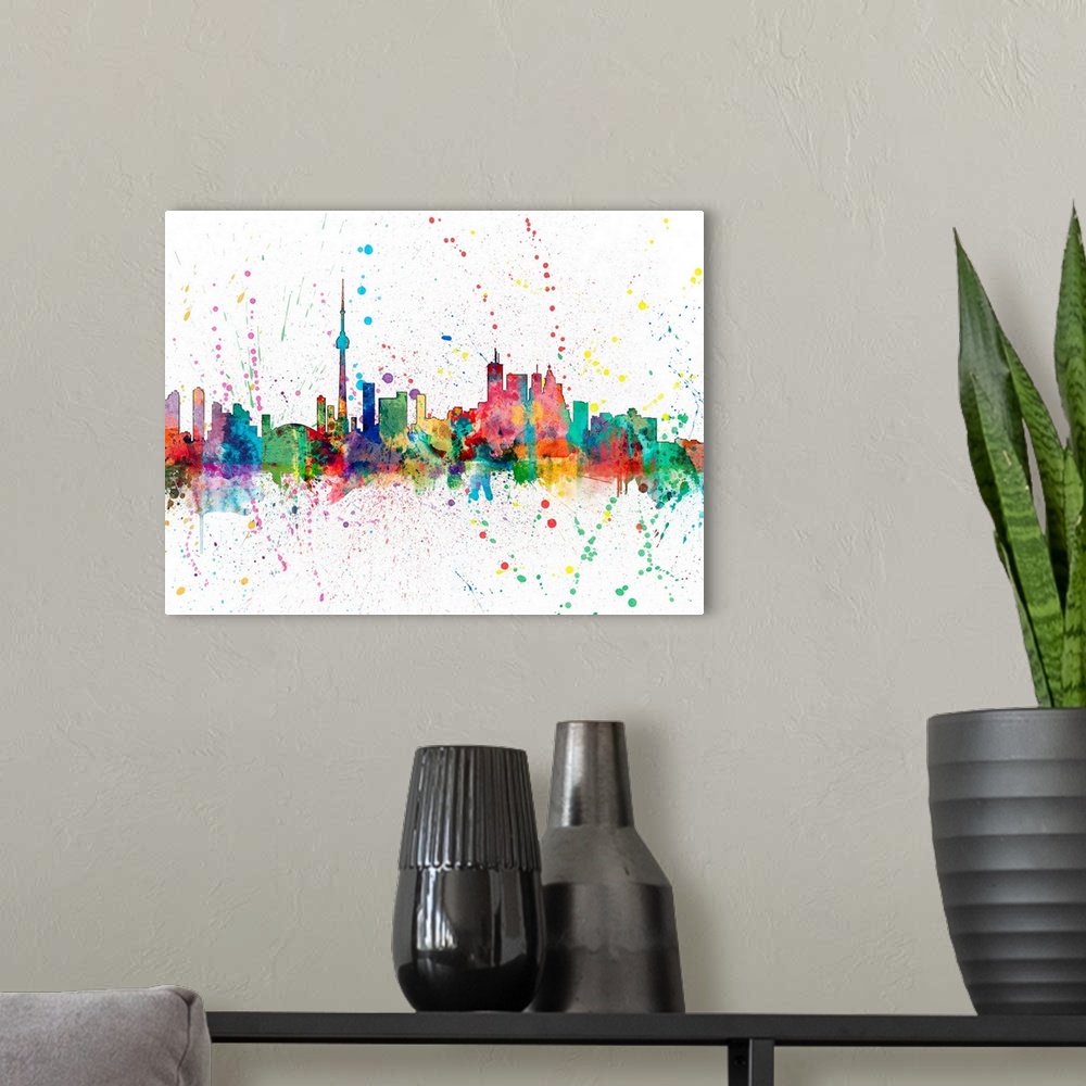 A modern room featuring Wild and vibrant paint splatter silhouette of the Toronto skyline.