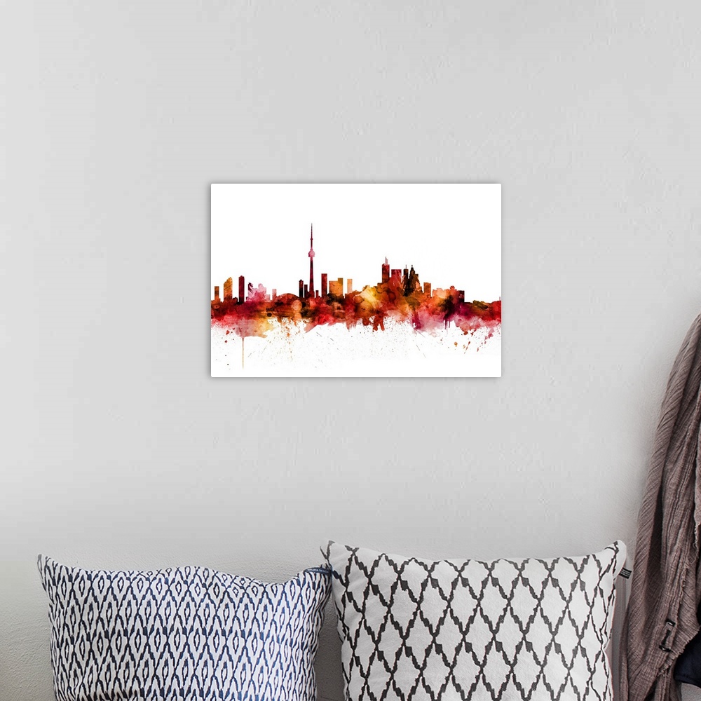 A bohemian room featuring Watercolor art print of the skyline of Toronto, Canada.