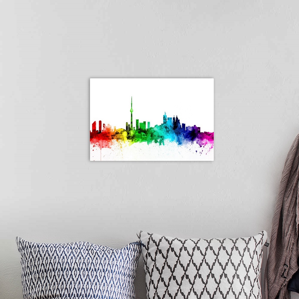 A bohemian room featuring Watercolor art print of the skyline of Toronto, Canada.
