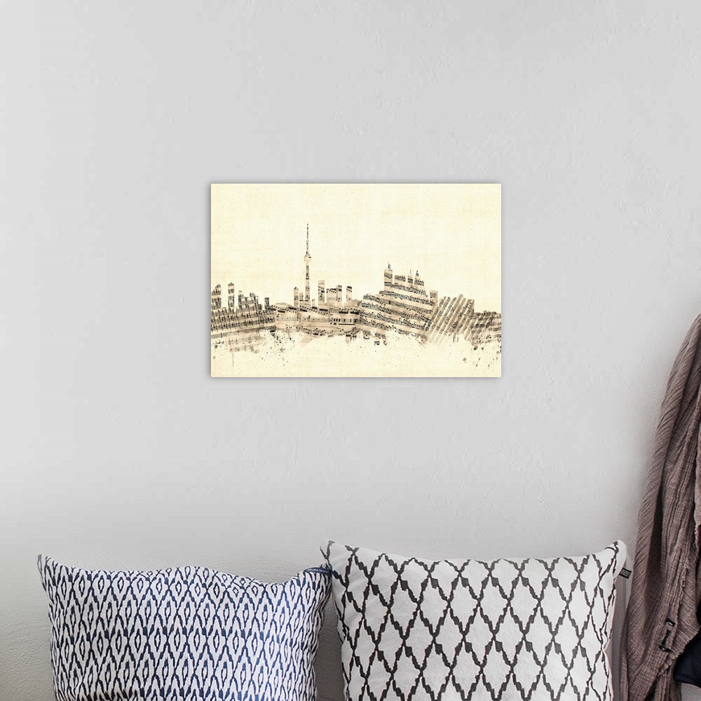 A bohemian room featuring Toronto skyline made of sheet music against a weathered beige background.