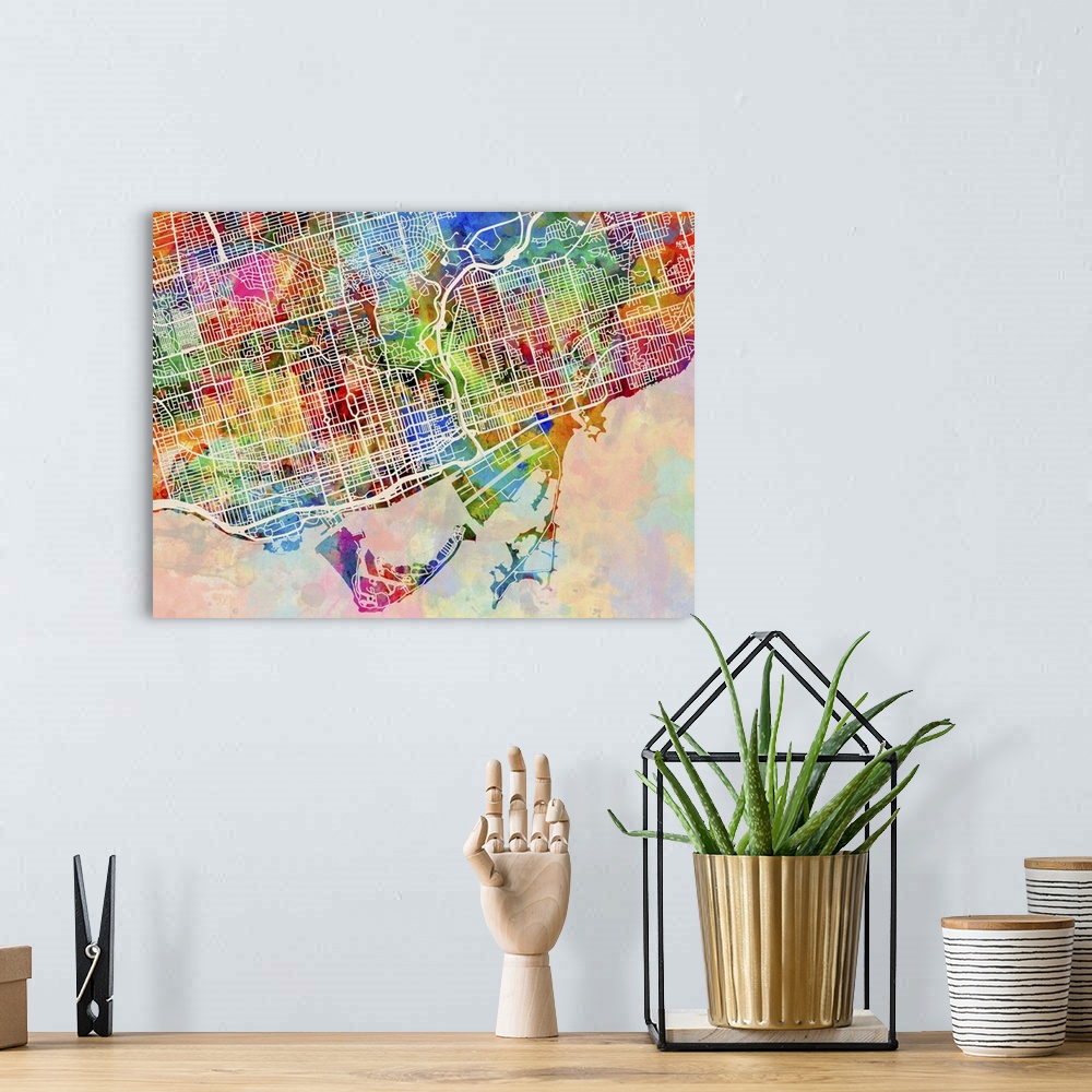 A bohemian room featuring Watercolor art map of Toronto city streets.