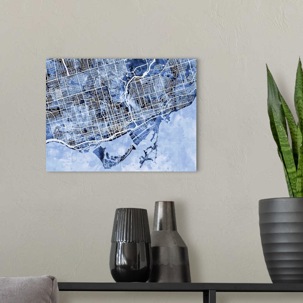 A modern room featuring Contemporary watercolor city street map of Toronto.