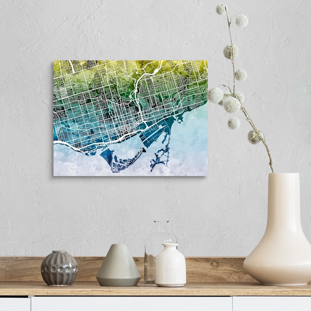 A farmhouse room featuring Contemporary watercolor city street map of Toronto.
