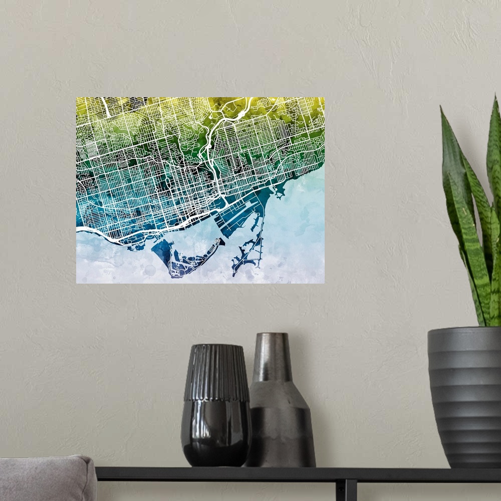 A modern room featuring Contemporary watercolor city street map of Toronto.