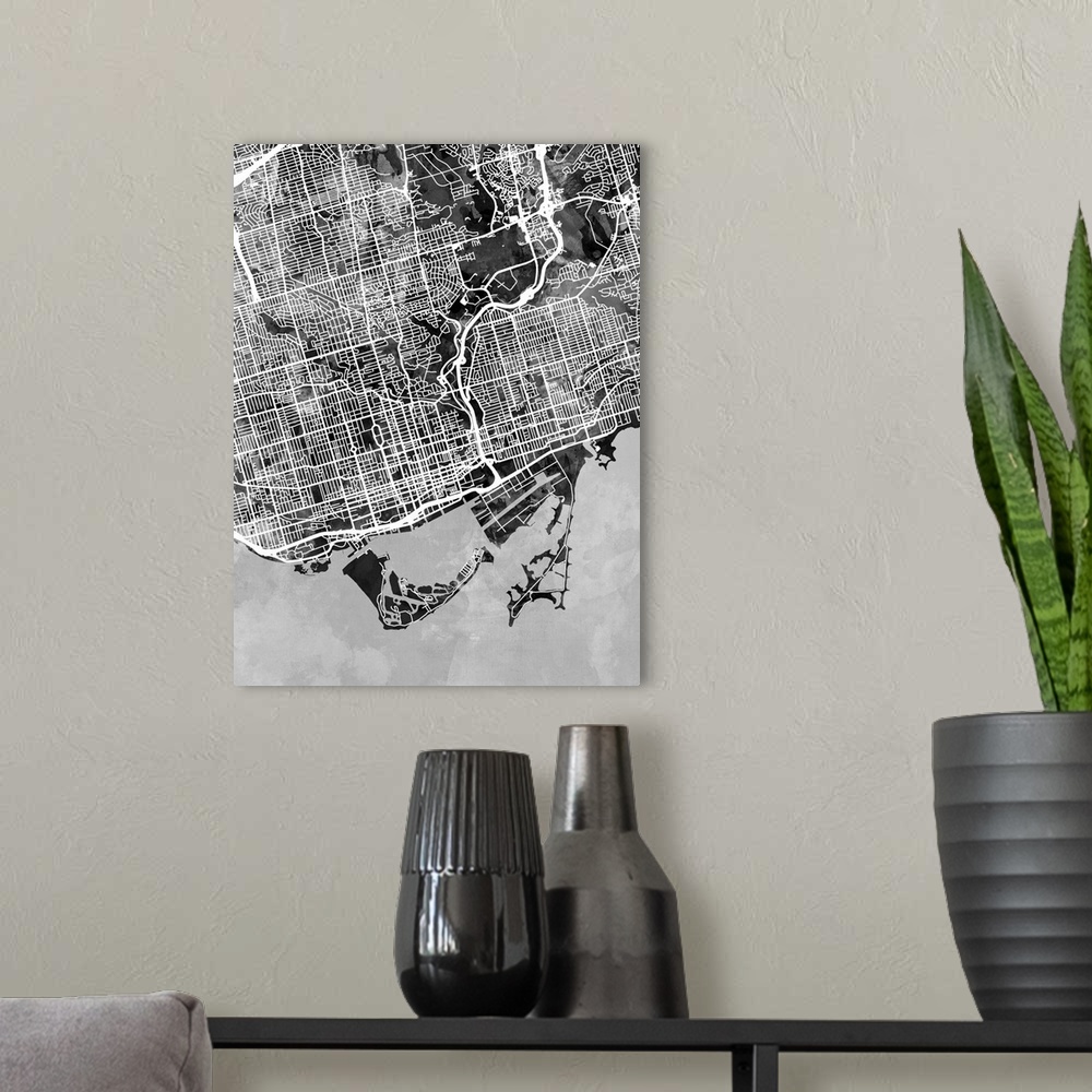 A modern room featuring Watercolor street map of Toronto, Ontario, Canada