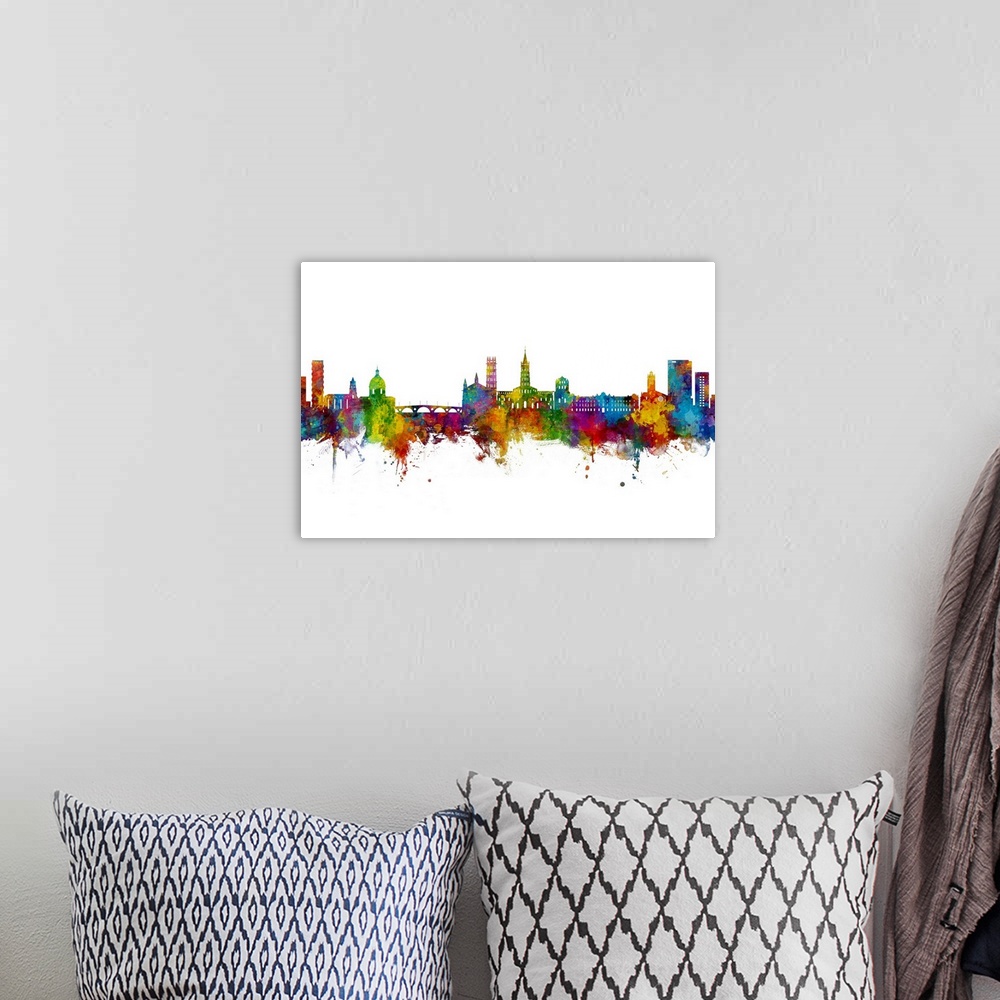 A bohemian room featuring Watercolor art print of the skyline of Toulouse, France