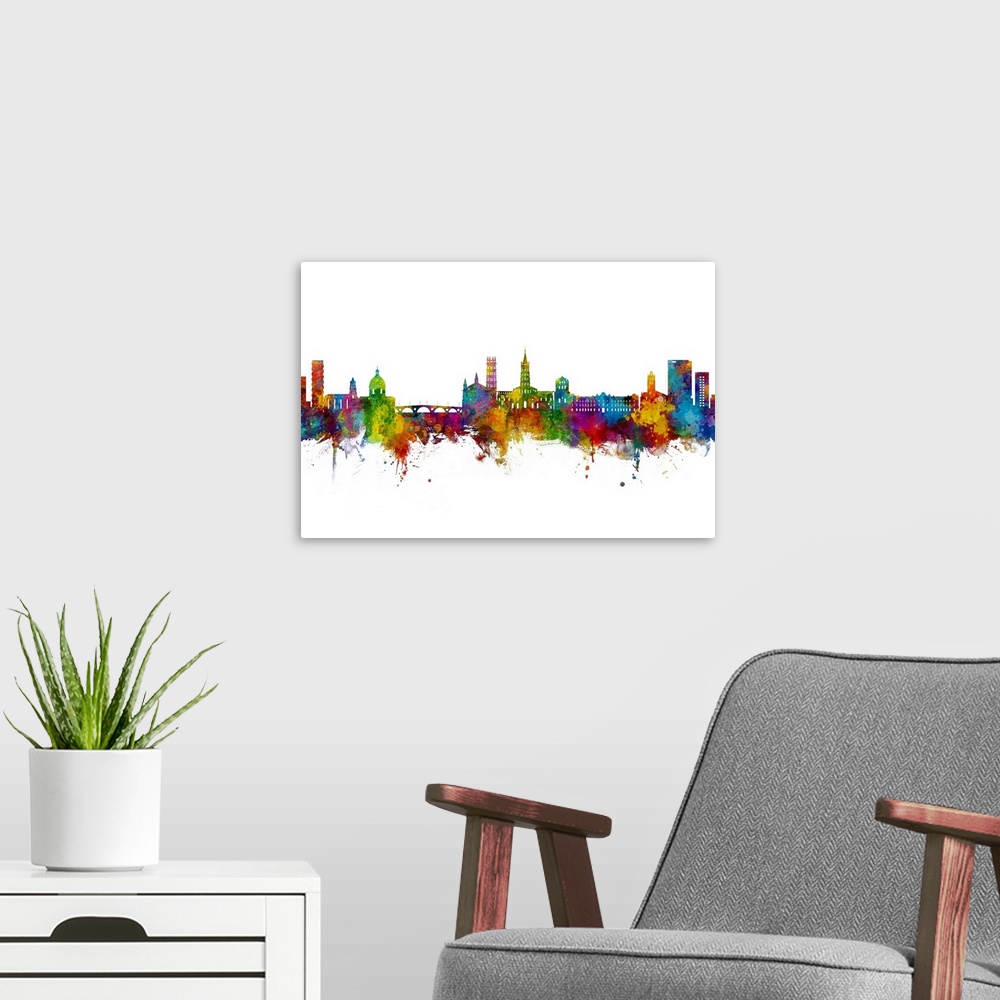 A modern room featuring Watercolor art print of the skyline of Toulouse, France