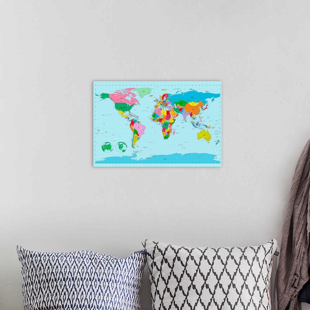A bohemian room featuring Large, horizontal wall hanging of the world map on a solid blue background.