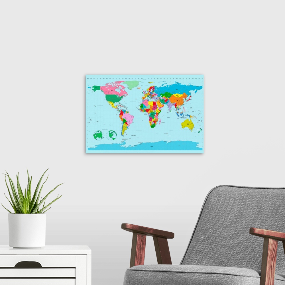 A modern room featuring Large, horizontal wall hanging of the world map on a solid blue background.